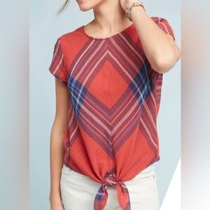 Cloth & Stone Anthropologie Red and Blue Geometric Tee plaid Tie front Americana